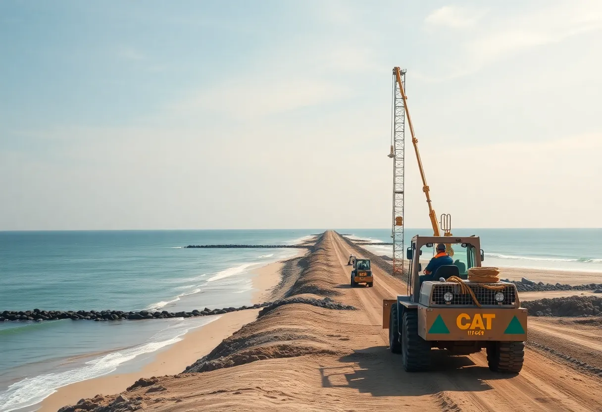 Construction of a causeway leading to Sands Beach in Port Royal, showcasing workers and machinery.