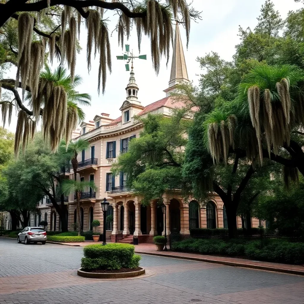 Picturesque view of Savannah with cobblestone streets and historic architecture