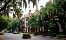 Picturesque view of Savannah with cobblestone streets and historic architecture