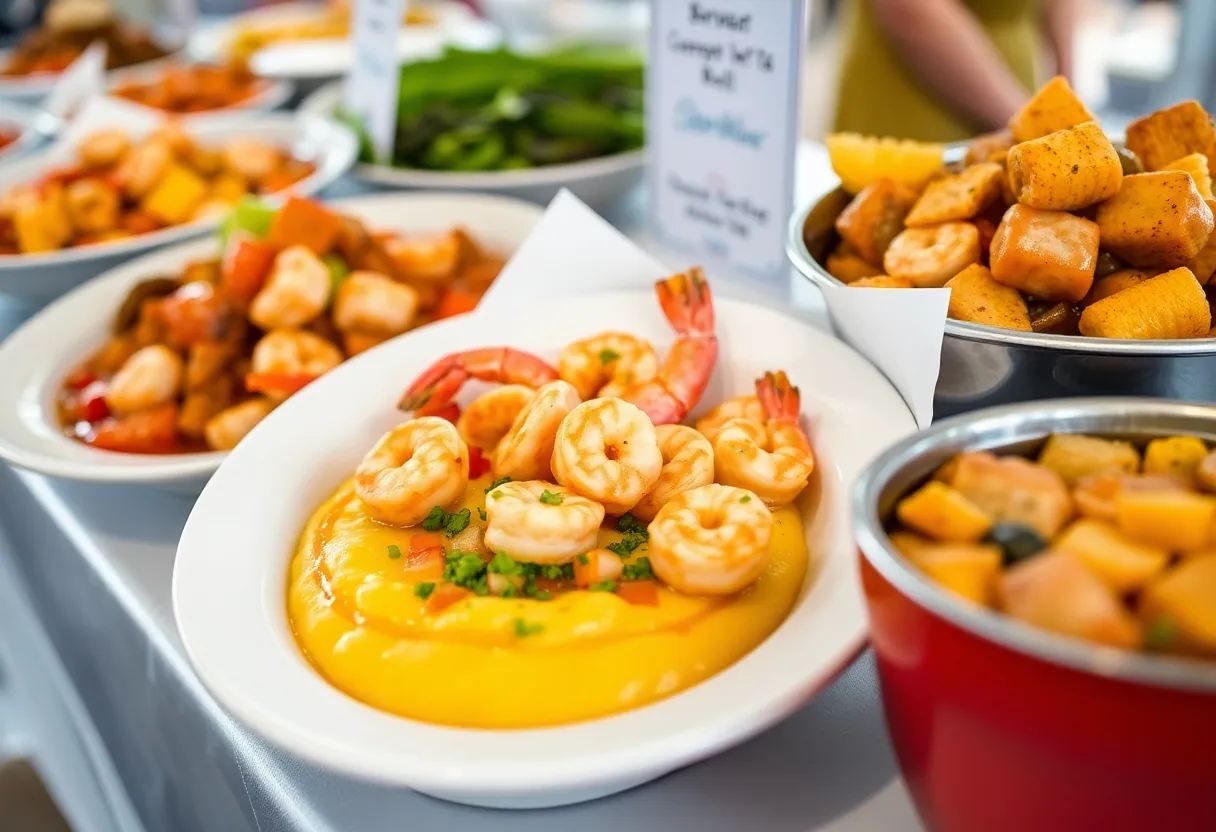 A table showcasing Shrimp 'n' Grits and Lowcountry Boil at Savannah's Ultimate Dish competition.