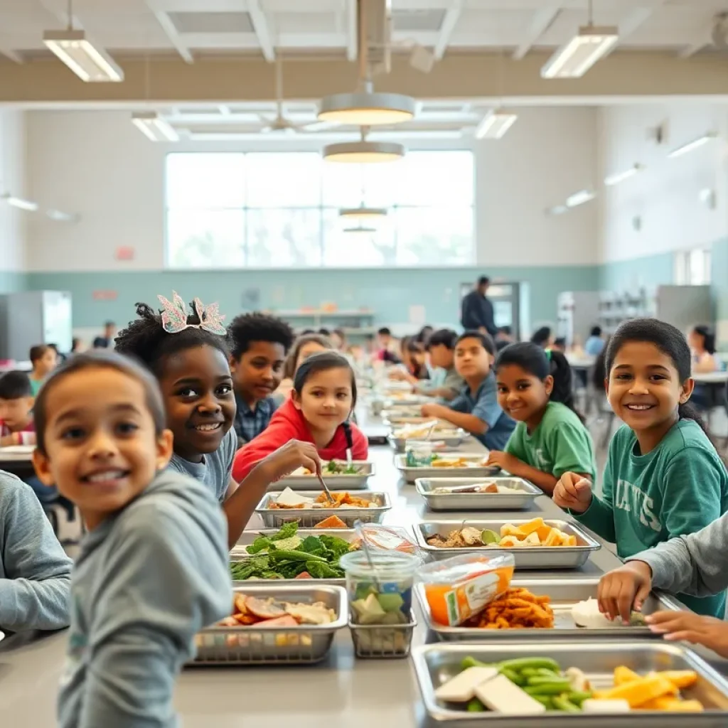 School cafeteria with students eating free meals