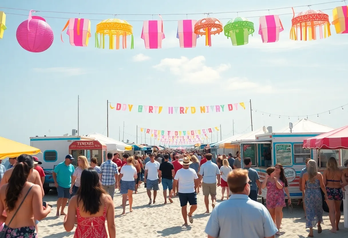 A lively festival crowd at Tybee Island's Orange Crush Festival with beach scenery.