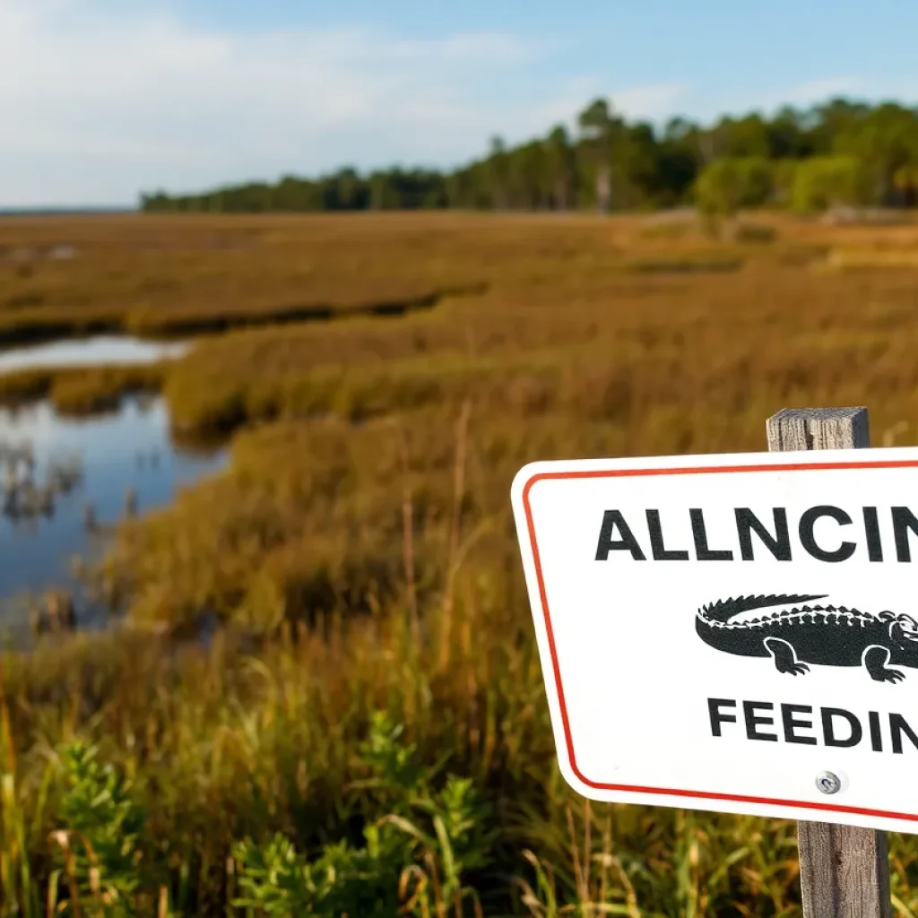 A warning sign about feeding alligators in a Lowcountry marshland