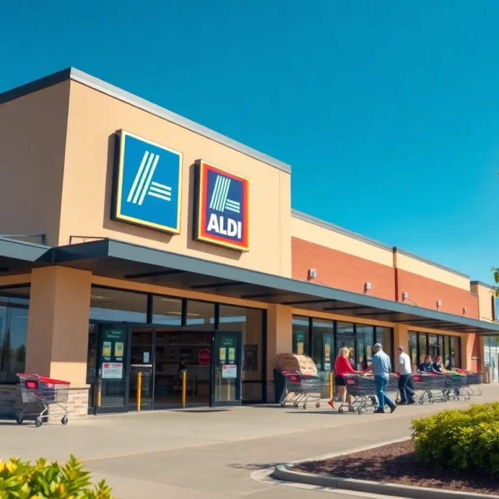 Exterior of the new ALDI store in Beaufort with shoppers and carts