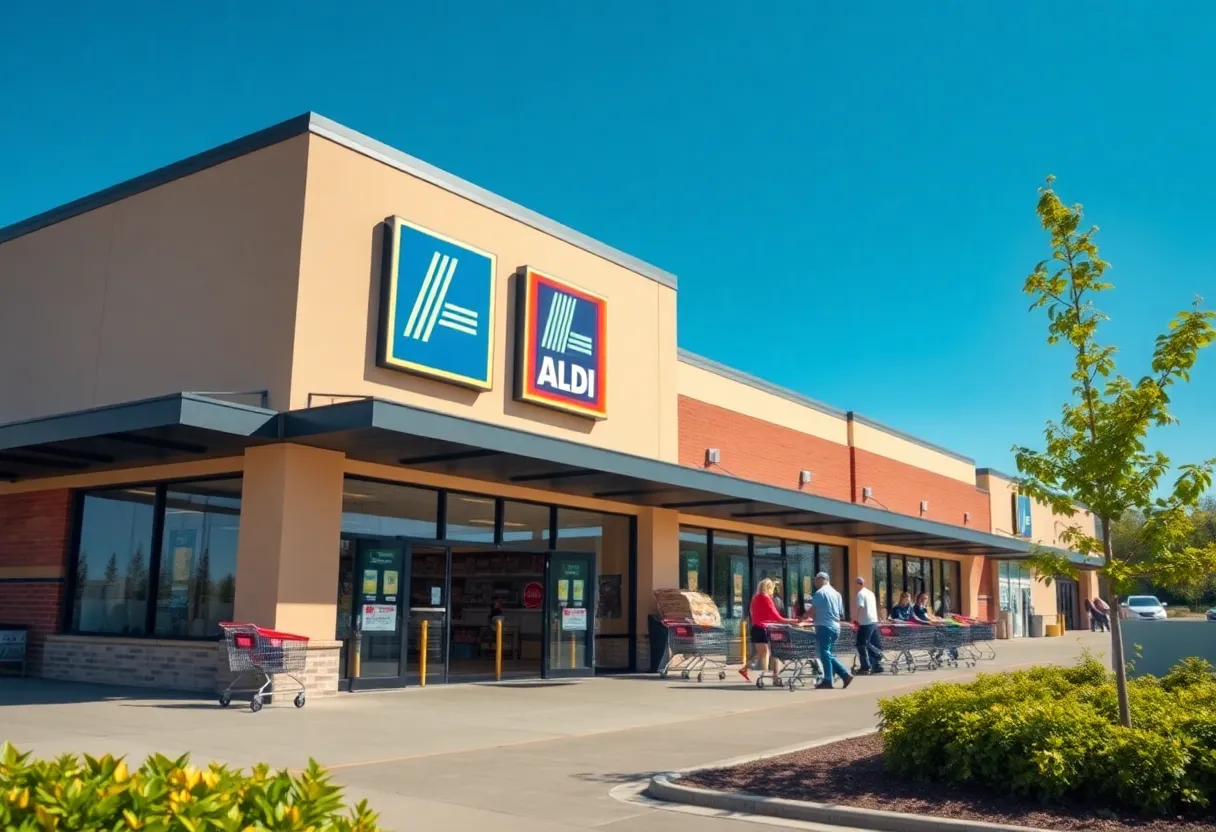 Exterior of the new ALDI store in Beaufort with shoppers and carts