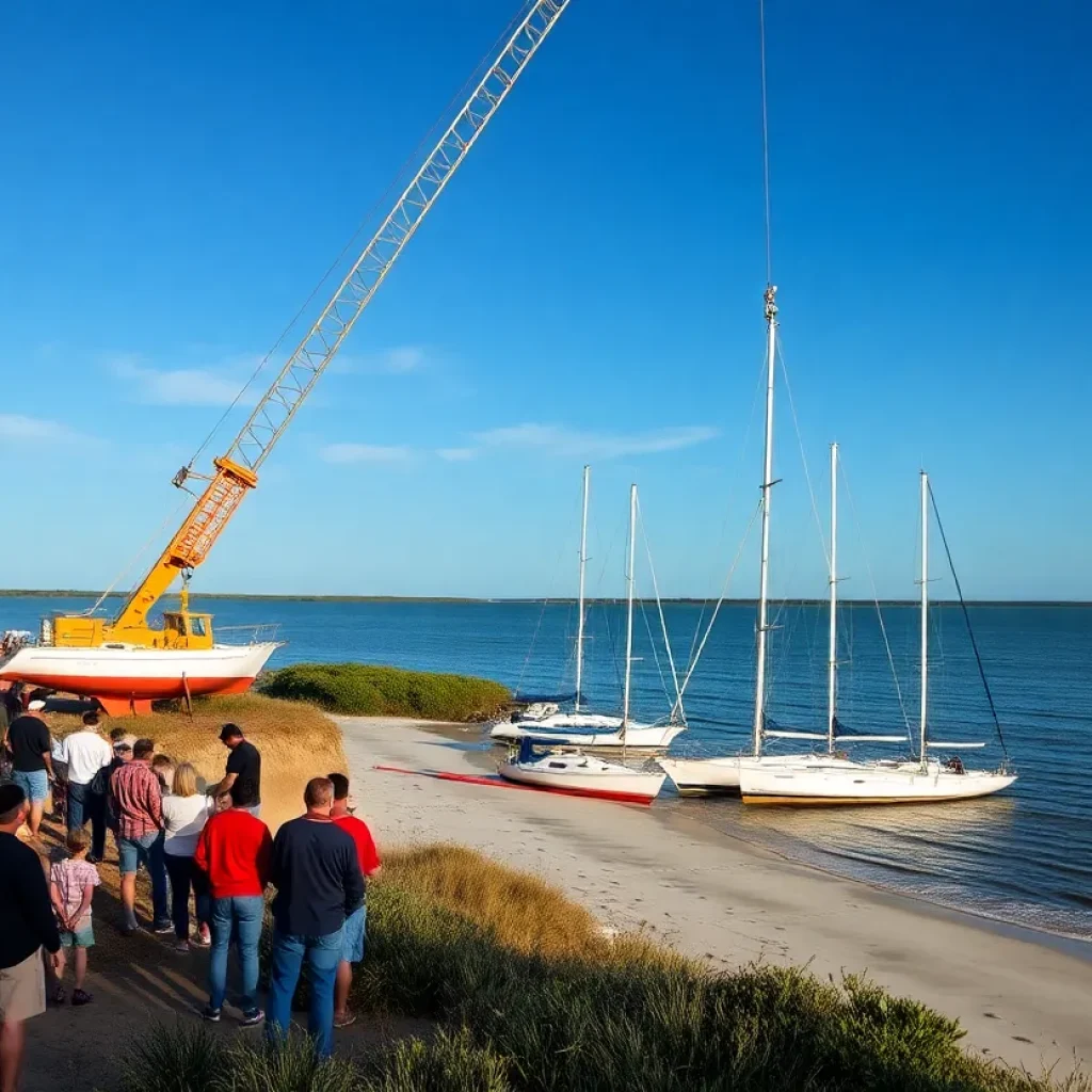 Removal of beached sailboats from Beaufort River with onlookers watching