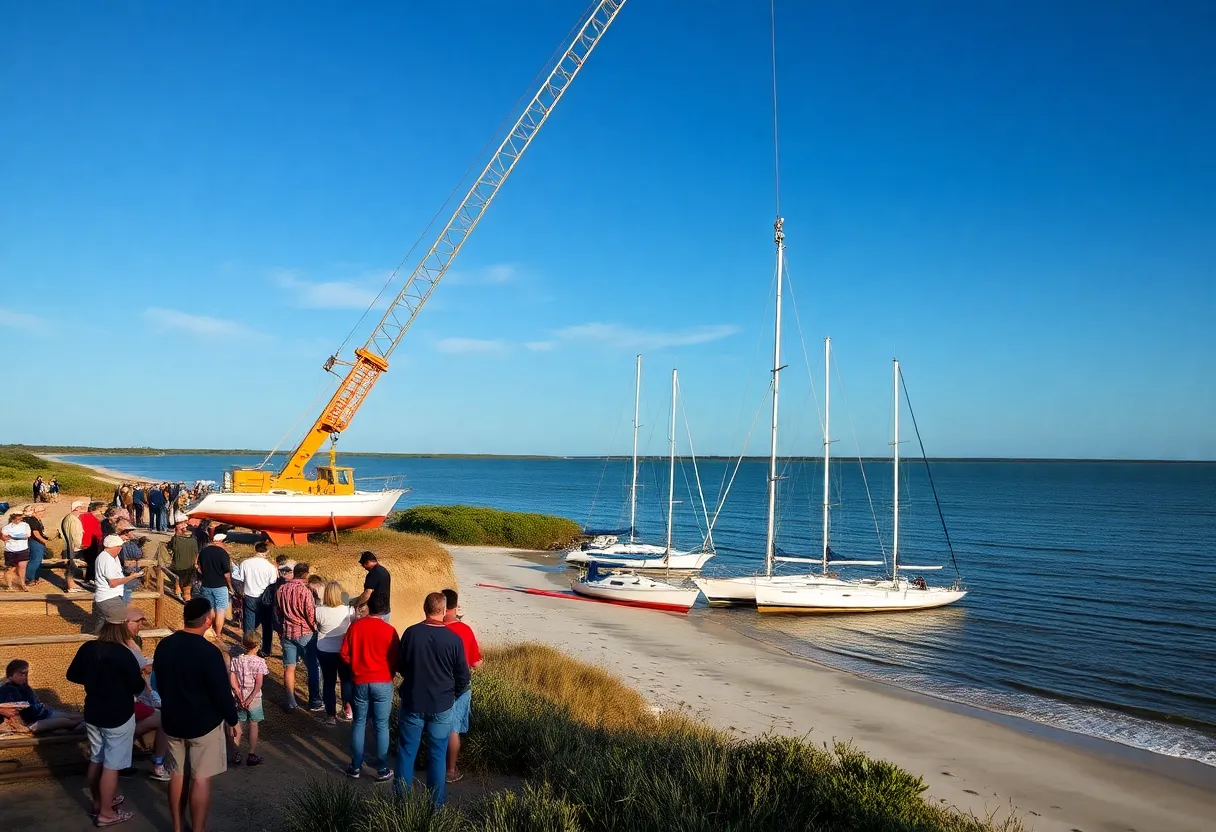 Removal of beached sailboats from Beaufort River with onlookers watching