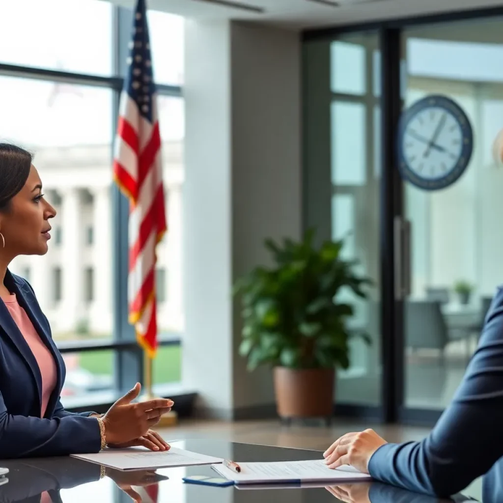 Professional setting with a woman discussing workforce development