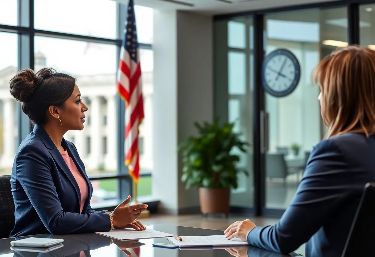 Professional setting with a woman discussing workforce development