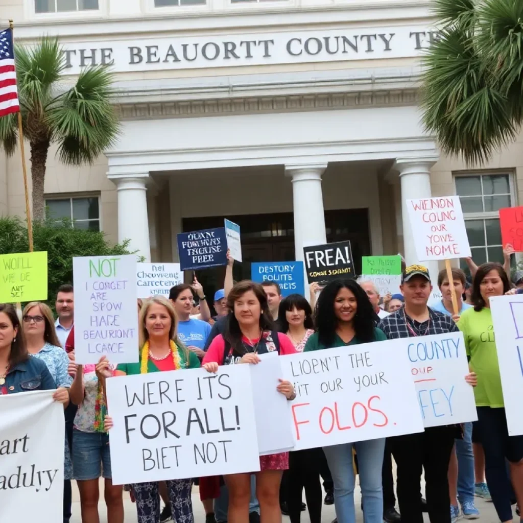 Protesters in Beaufort County holding signs against Trump policies