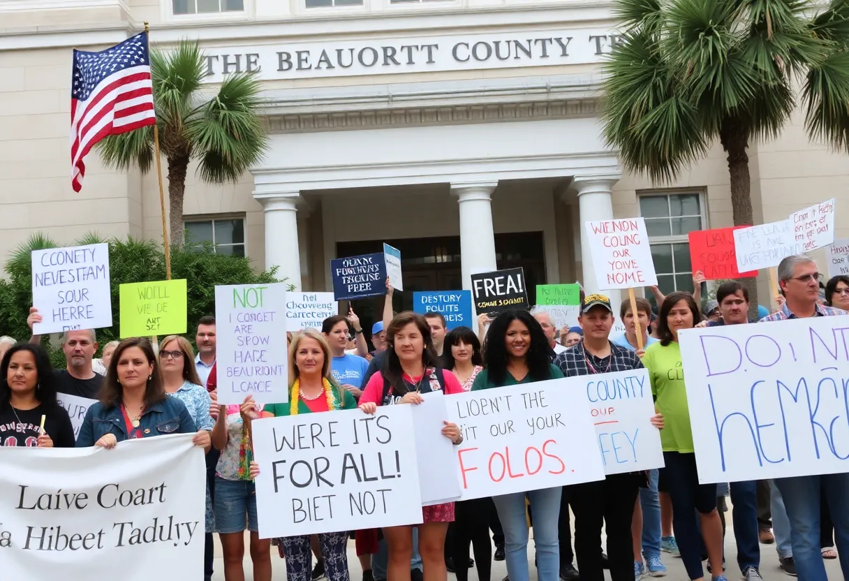 Protesters in Beaufort County holding signs against Trump policies