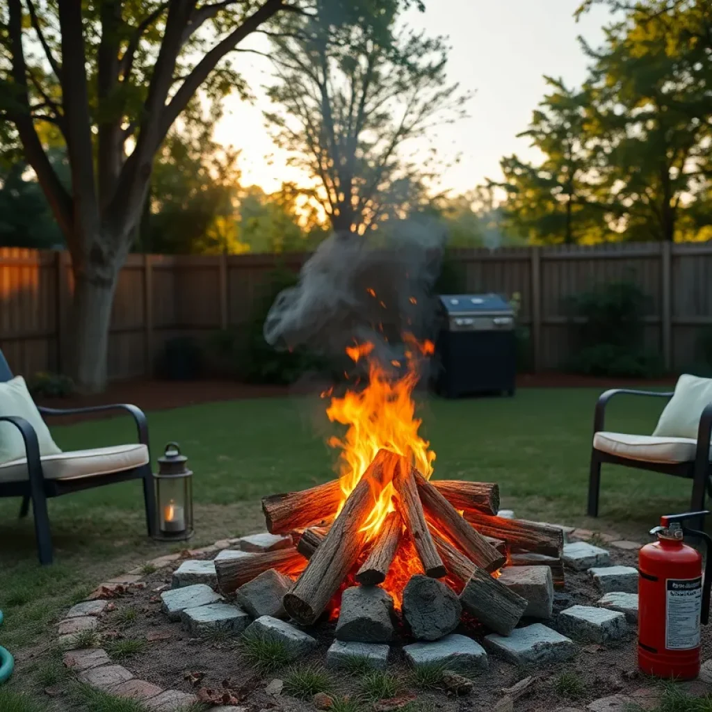 Controlled summer bonfire in a backyard with safety precautions
