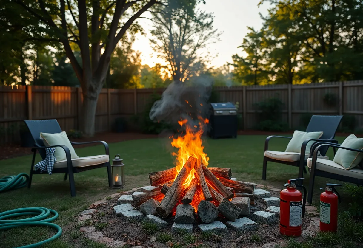 Controlled summer bonfire in a backyard with safety precautions