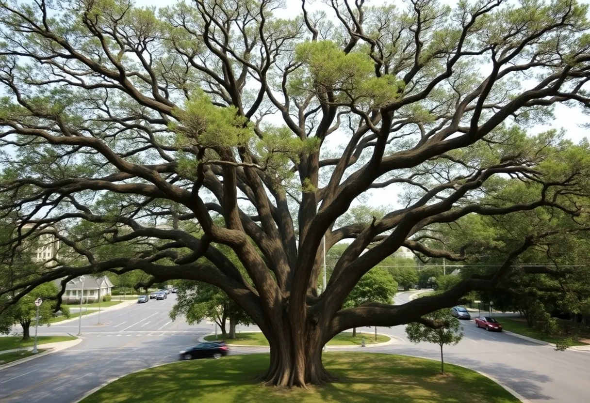 175-year-old live oak tree in Beaufort, South Carolina, thriving amidst urban growth.