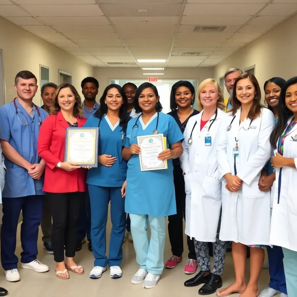 Healthcare professionals celebrating at an award ceremony.
