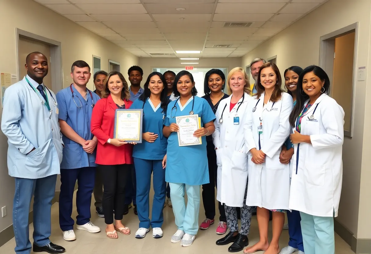 Healthcare professionals celebrating at an award ceremony.