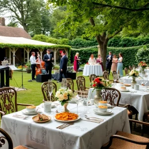 Guests enjoying the Bicentennial Lafayette Soirée in a beautiful garden setting.