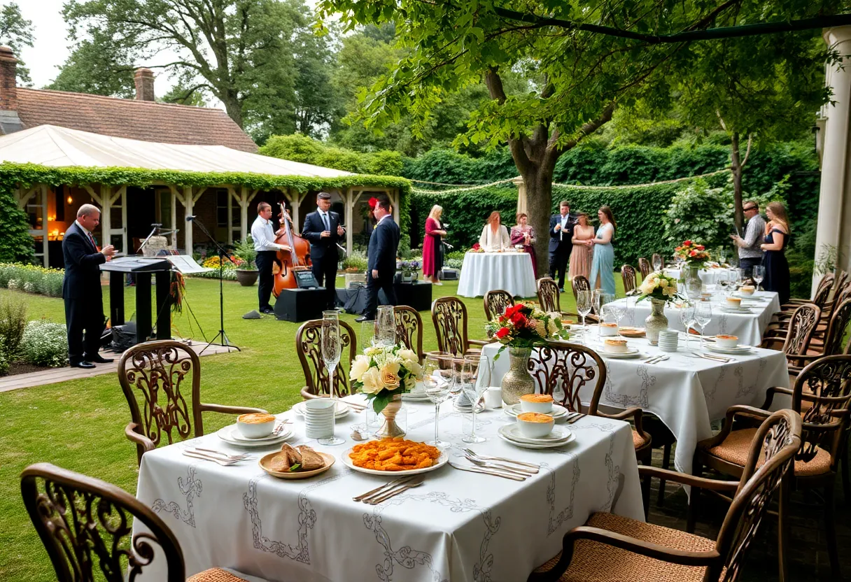 Guests enjoying the Bicentennial Lafayette Soirée in a beautiful garden setting.