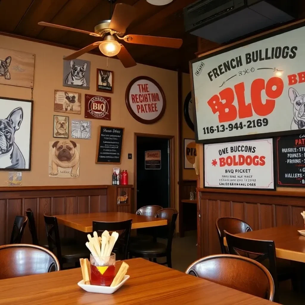 Interior of Bullies BBQ restaurant showing BBQ decor and French Bulldog photos