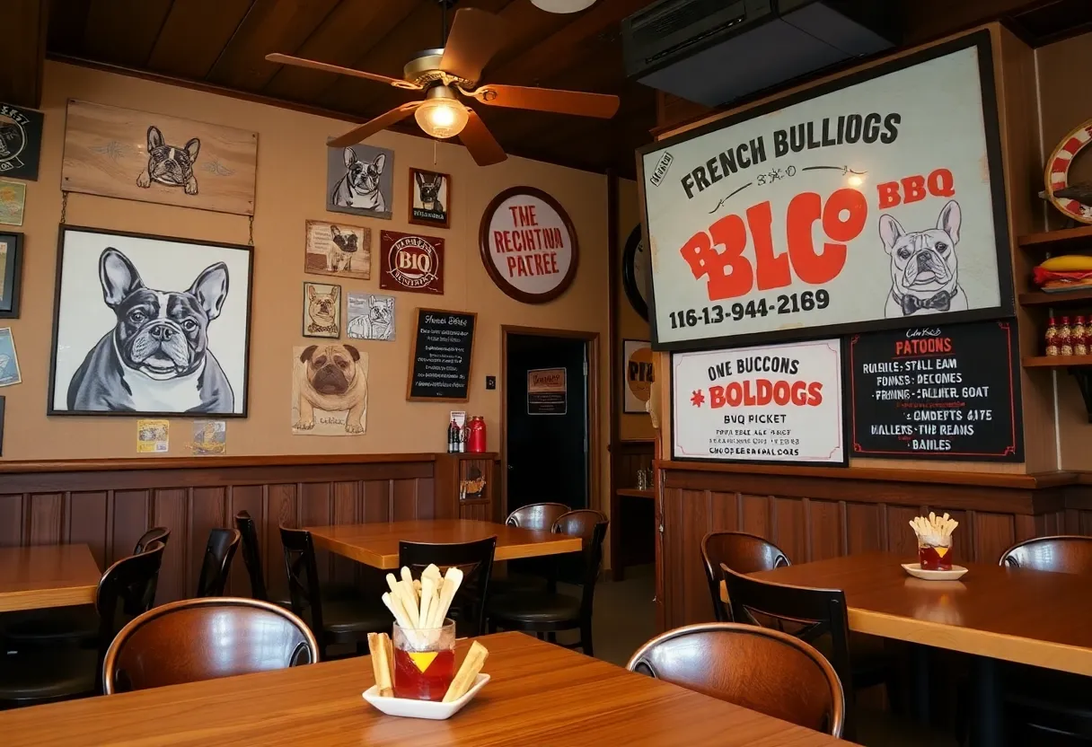 Interior of Bullies BBQ restaurant showing BBQ decor and French Bulldog photos