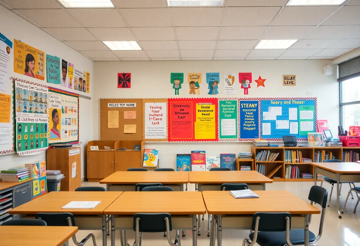 Diverse educational materials in a high school classroom