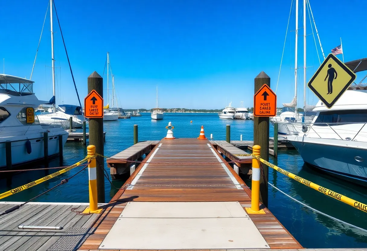 Collapsed aluminum dock ramp at Shelter Cove Marina in Hilton Head Island.