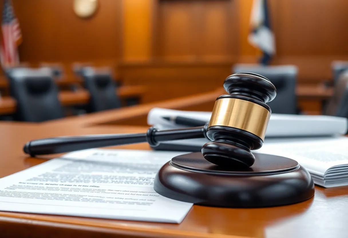 A courtroom setting with gavel and legal books