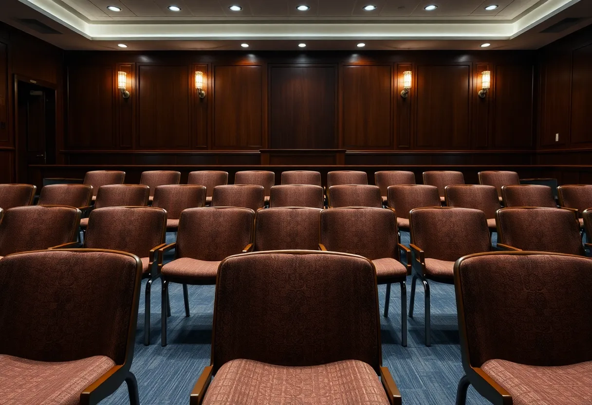 Empty courtroom chairs representing the gravity of a DUI sentencing case.