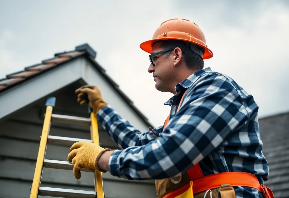 Homeowner inspecting roof for damage after heavy rain.