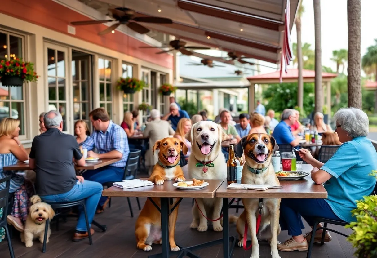 Dogs enjoying a meal with their owners on a pet-friendly patio in Hilton Head Island