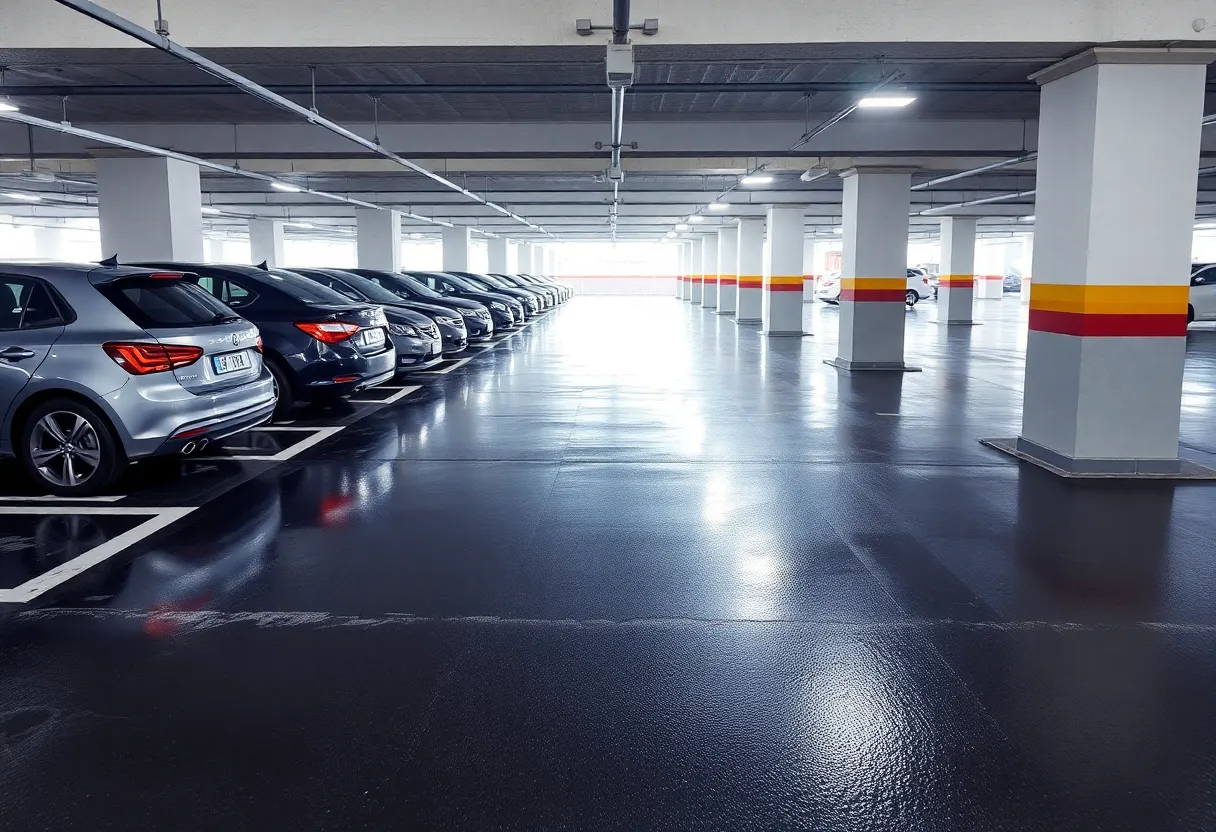 Parking garage with Durable Traffic Floor Coating under harsh weather