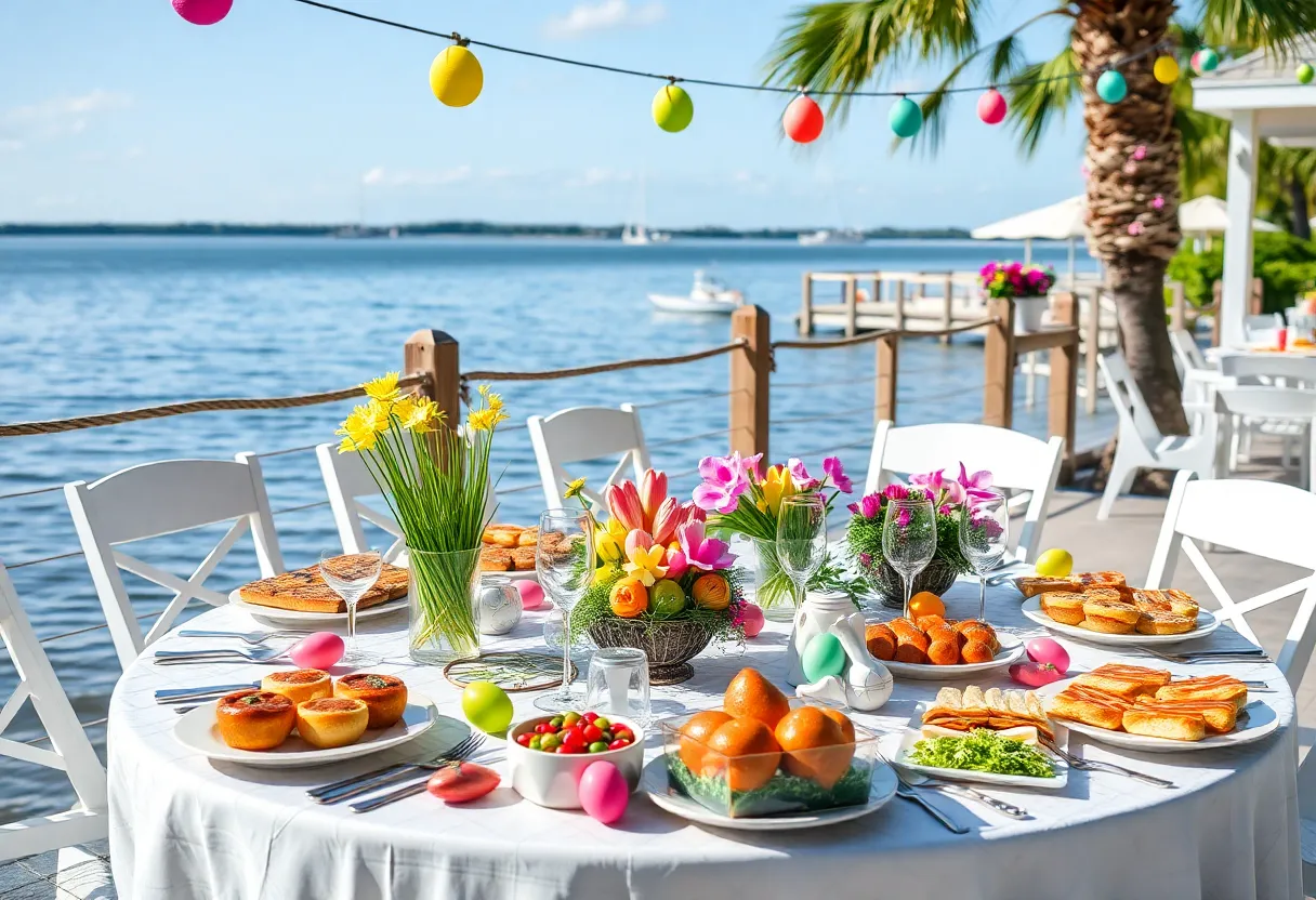 A festive Easter brunch table setup in Hilton Head by the water.