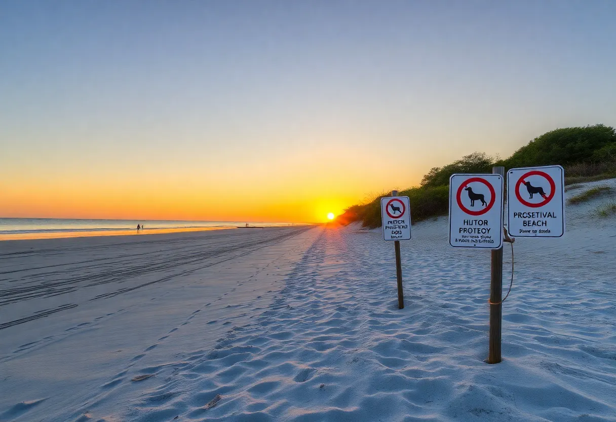 Sunrise at Fish Haul Beach with restricted dog access signs.