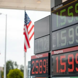 Gas station with varying fuel prices reflecting regional differences