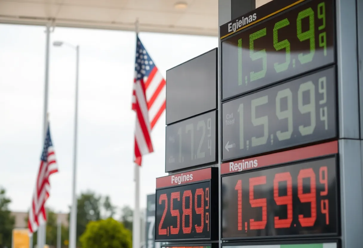 Gas station with varying fuel prices reflecting regional differences