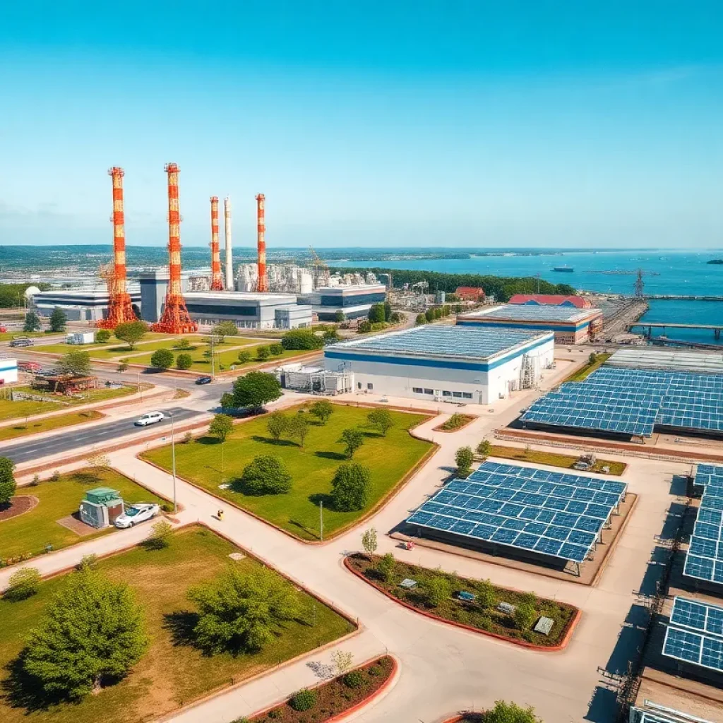 Reclaimed industrial site with greenery and solar panels