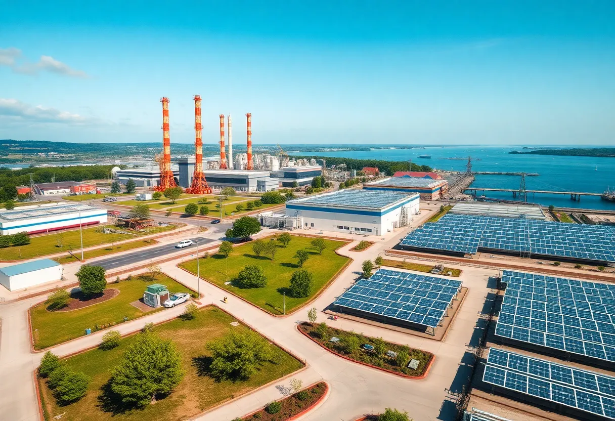Reclaimed industrial site with greenery and solar panels