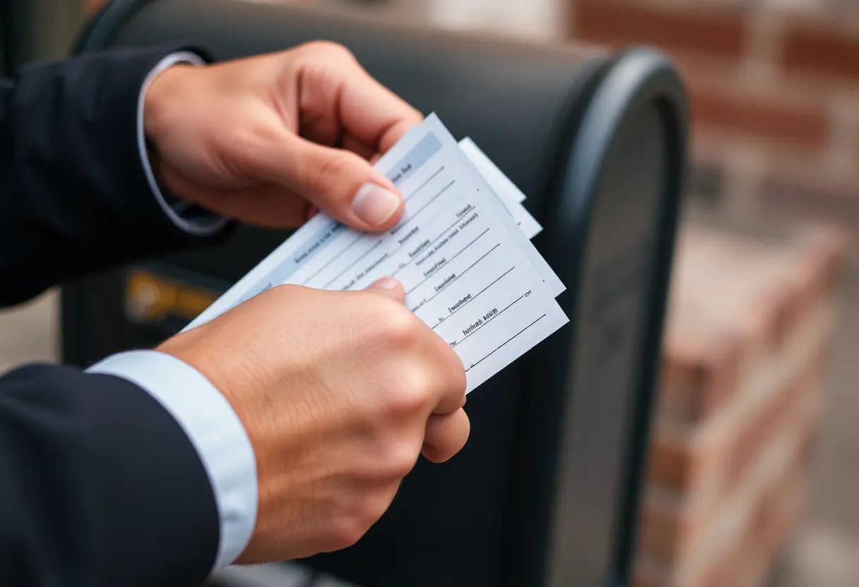 Checks being handled carefully with a mailbox in the background