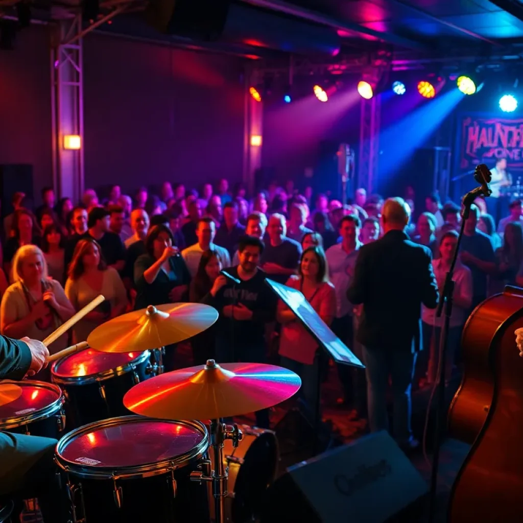 Audience enjoying a jazz concert with musicians performing on stage