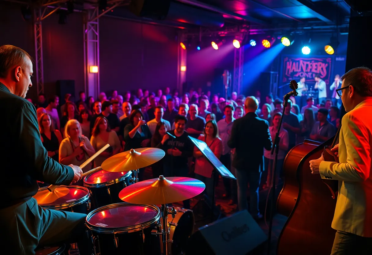 Audience enjoying a jazz concert with musicians performing on stage