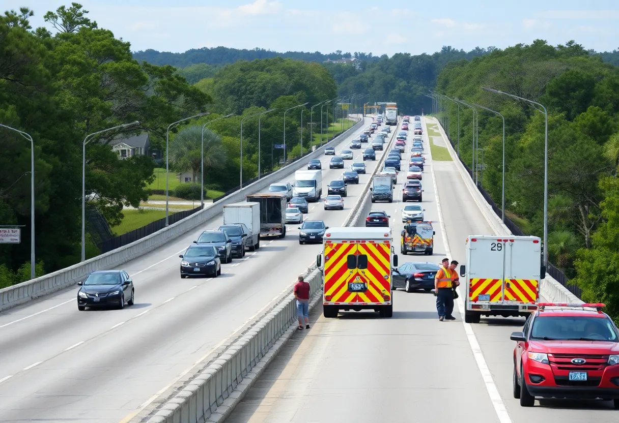 Traffic congestion on the bridge to Hilton Head Island with emergency services present.