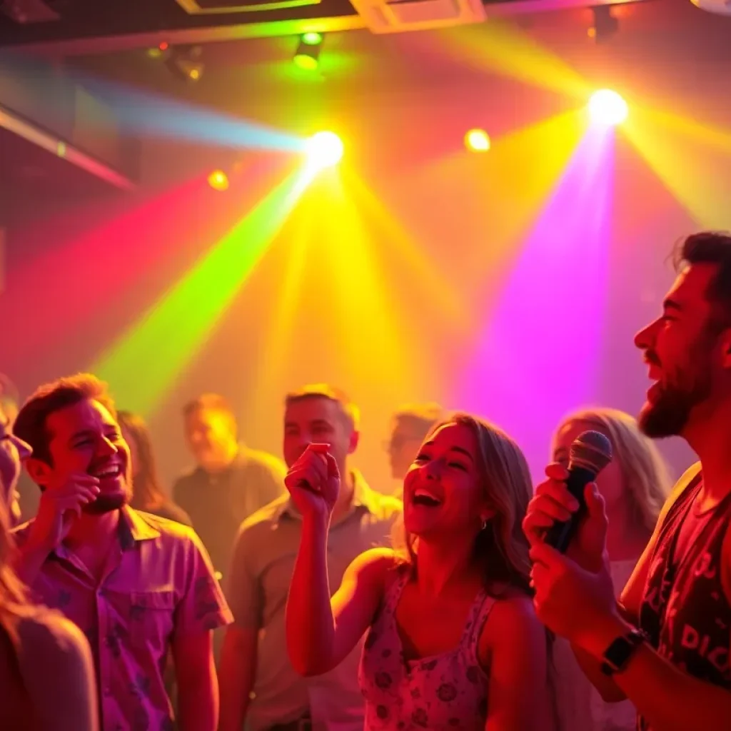 Group of friends singing karaoke at a bar in Hilton Head