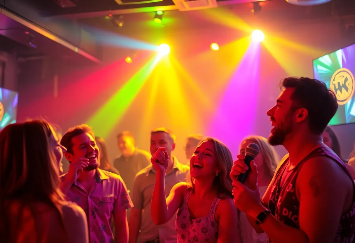 Group of friends singing karaoke at a bar in Hilton Head