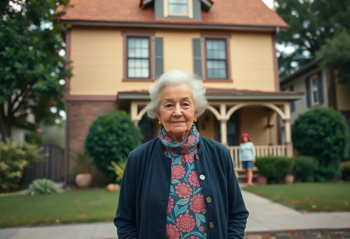 Elderly woman standing outside her family home illustrating land rights struggles