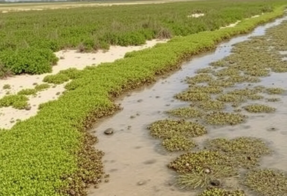 A coastal area with living shorelines and oyster beds improving ecological health
