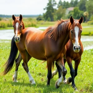 A group of Marsh Tacky horses grazing in a vibrant marshland in South Carolina.