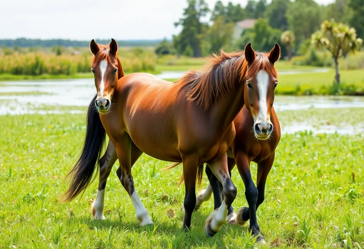 A group of Marsh Tacky horses grazing in a vibrant marshland in South Carolina.