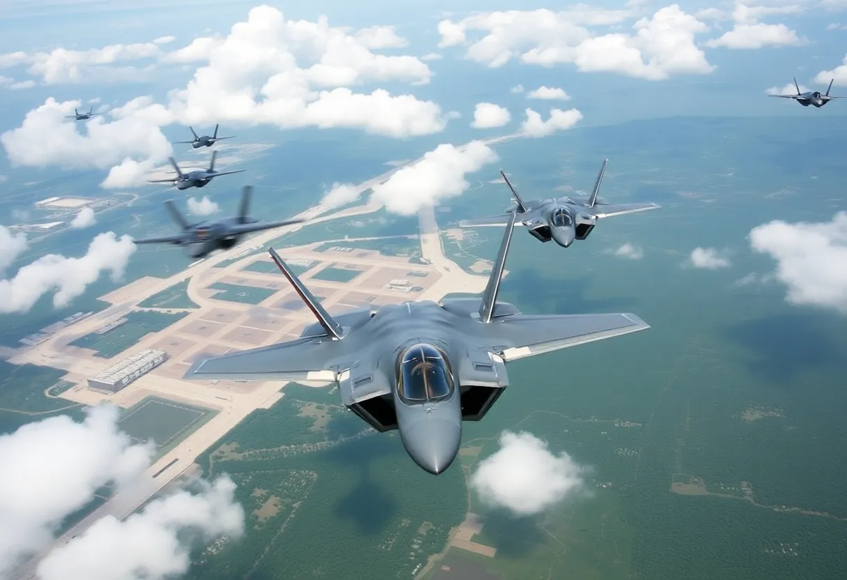 Aerial view of Marine Corps Air Station Beaufort with F-35B Lightning II aircraft.