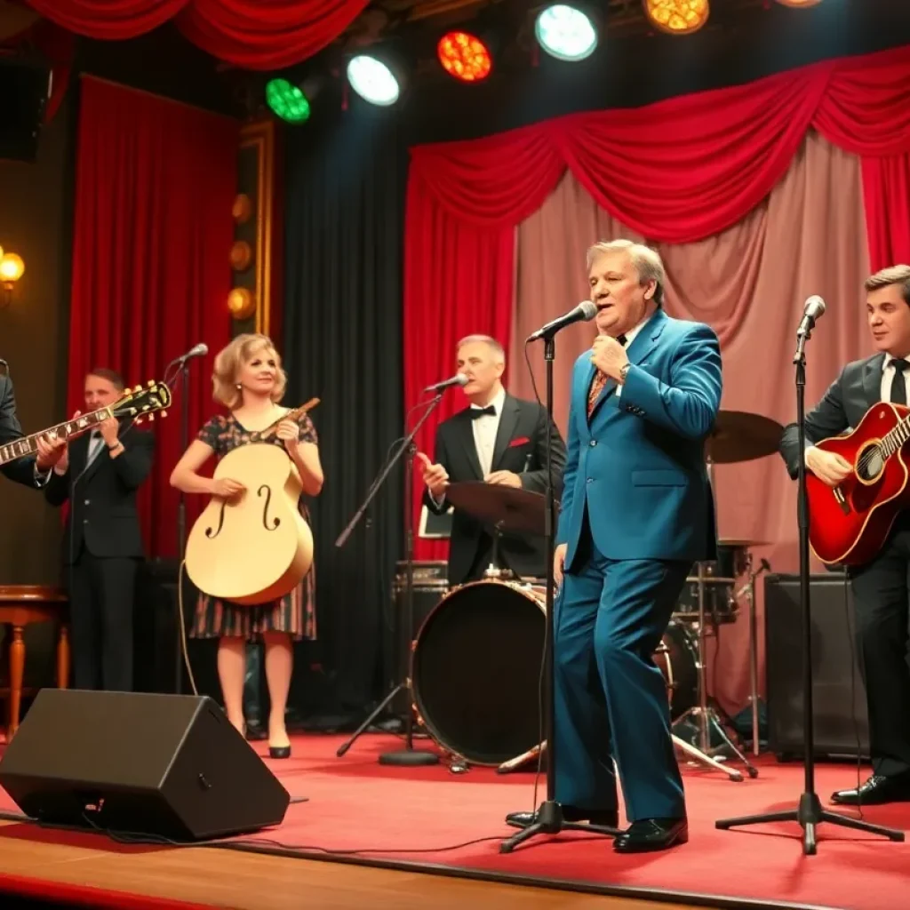 Musicians performing on stage in a vibrant theater setting during the Million Dollar Quartet musical.