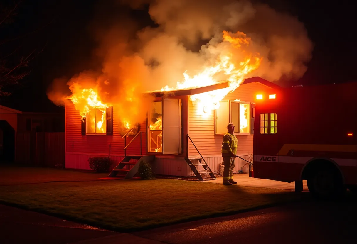 Firefighters extinguishing a mobile home fire at night